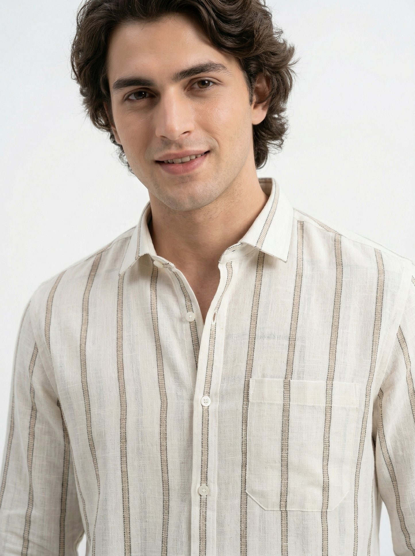 Men’s Beige Vertical Stripe Linen Shirt