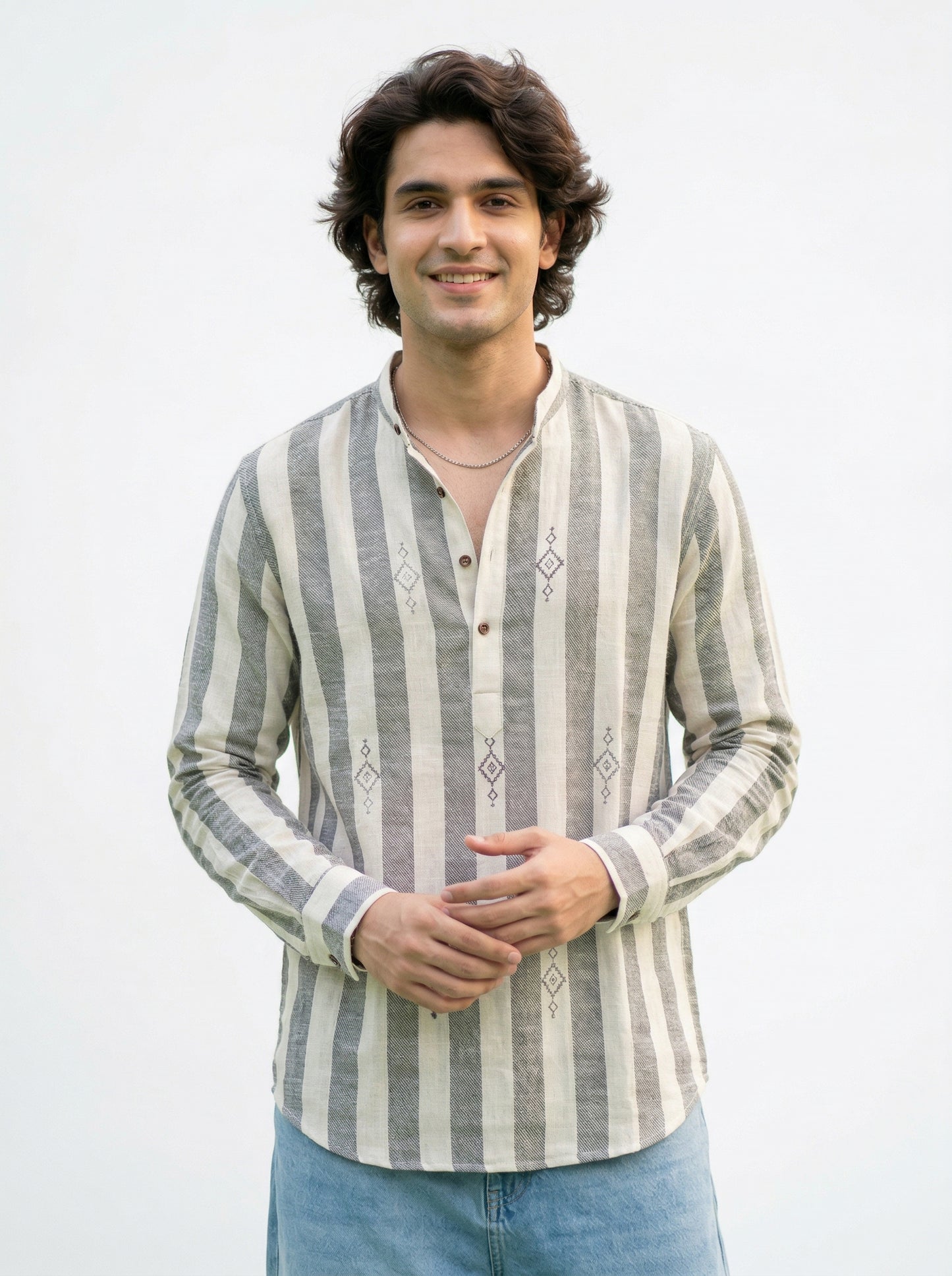 Men's Striped Short Kurta Shirt with Ethnic Embroidery