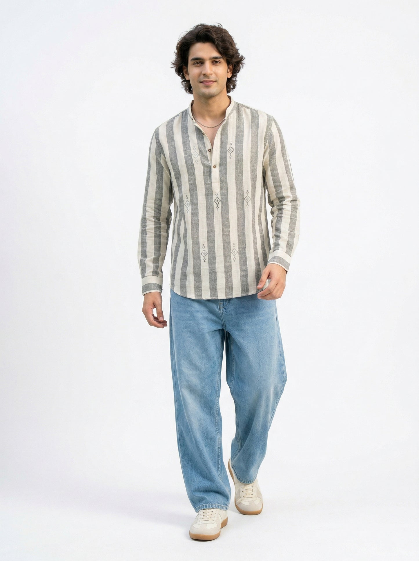 Men's Striped Short Kurta Shirt with Ethnic Embroidery