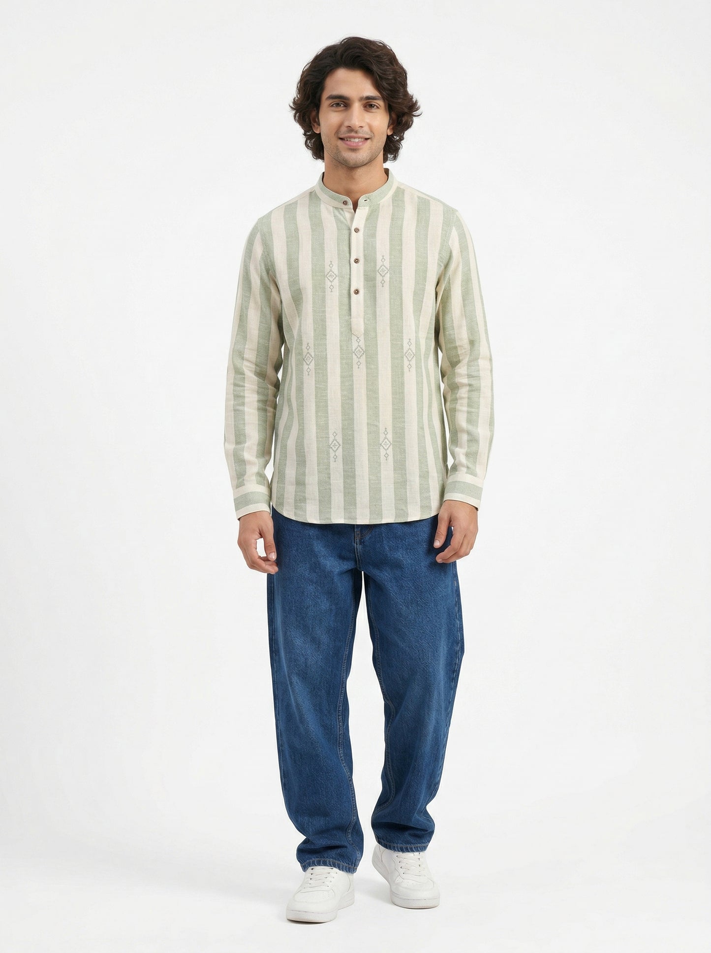 Men's Striped Short Kurta Shirt with Ethnic Embroidery