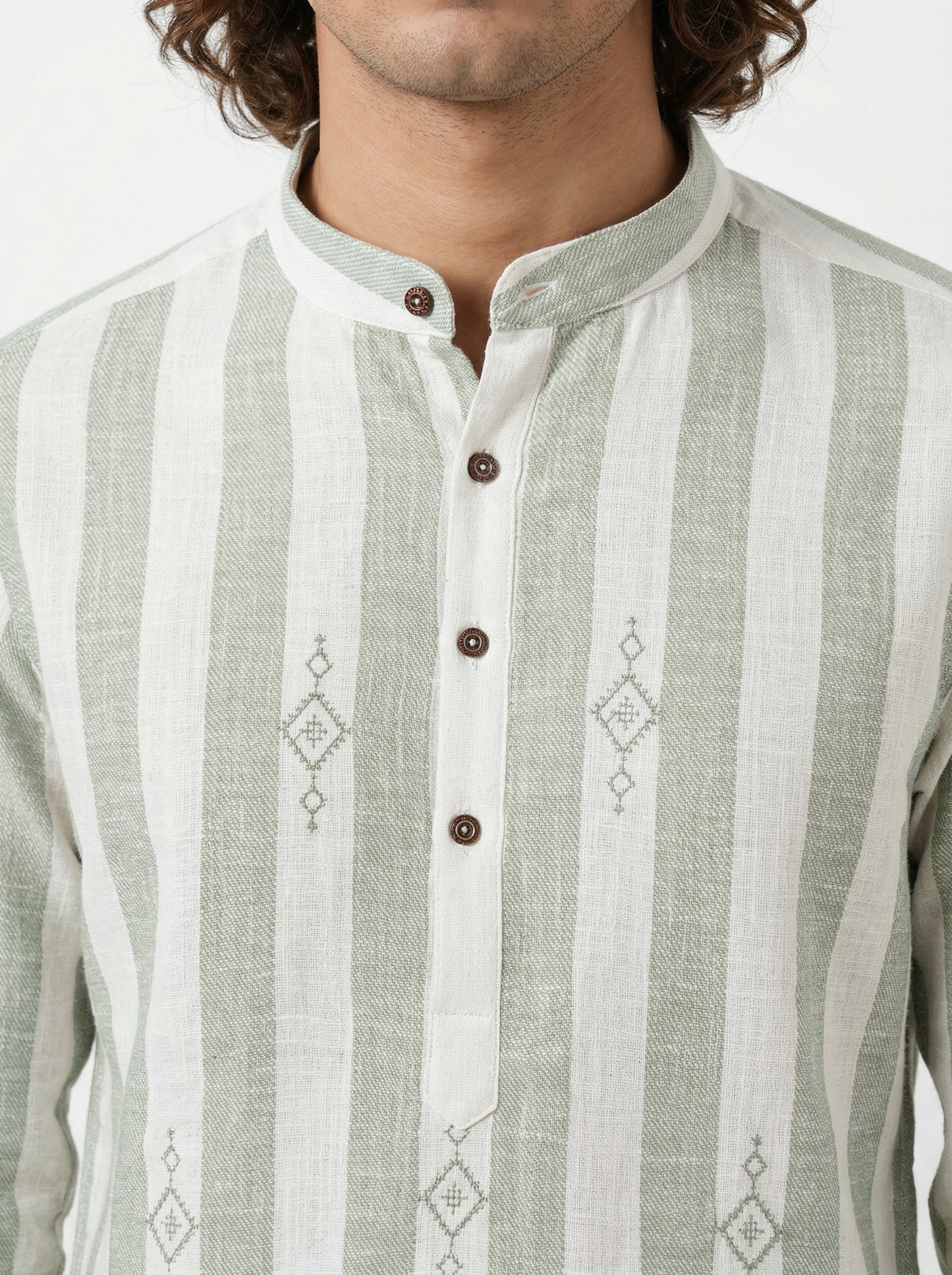 Men's Striped Short Kurta Shirt with Ethnic Embroidery