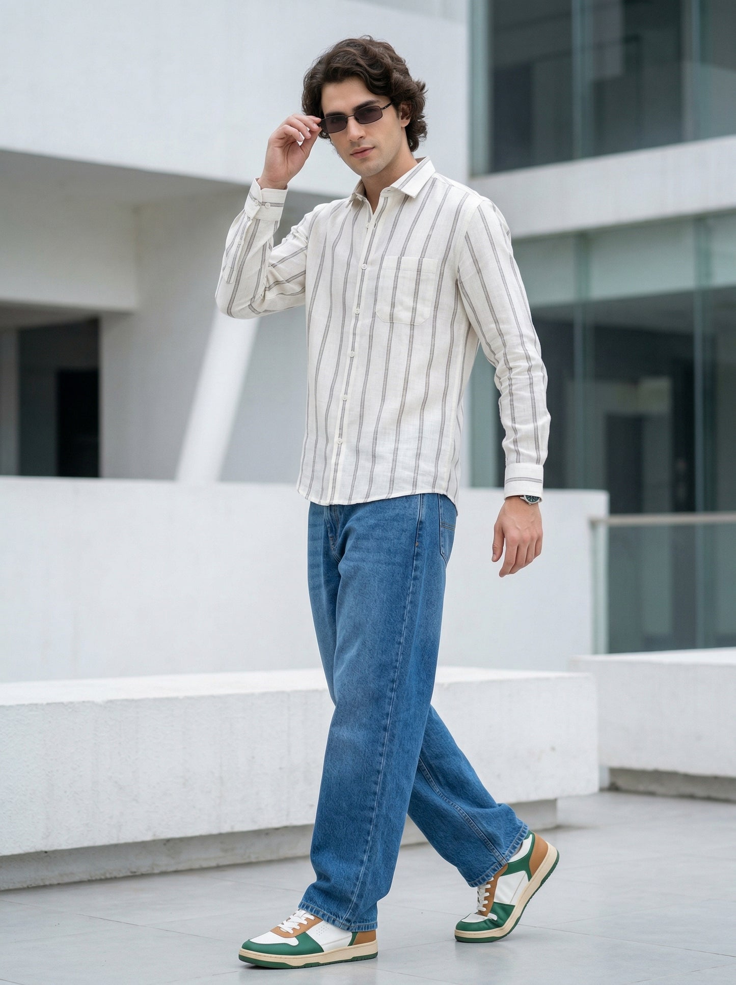Men’s Beige Vertical Stripe Linen Shirt