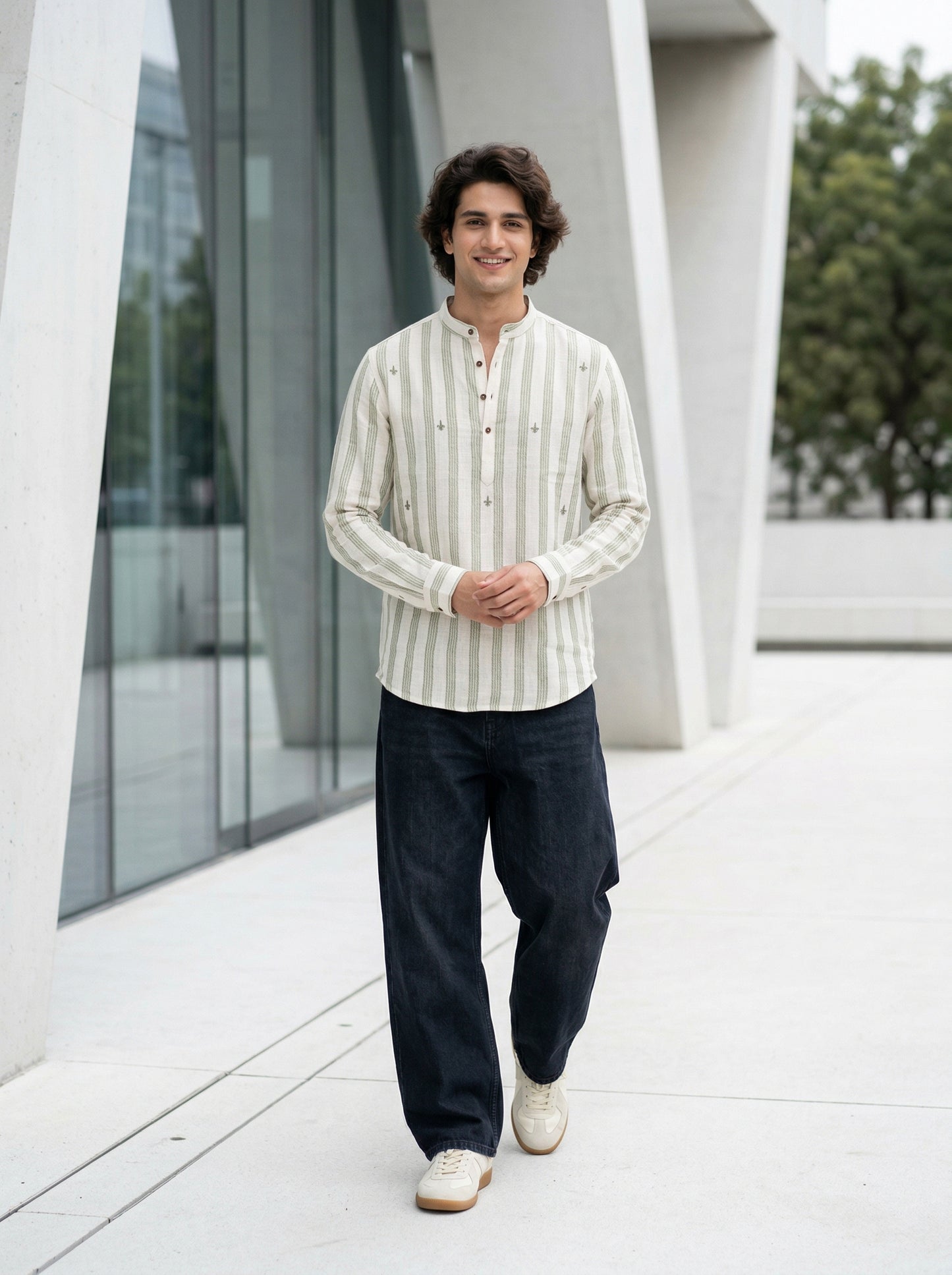 Men's Striped Short Kurta Shirt with Tiny Embroidery