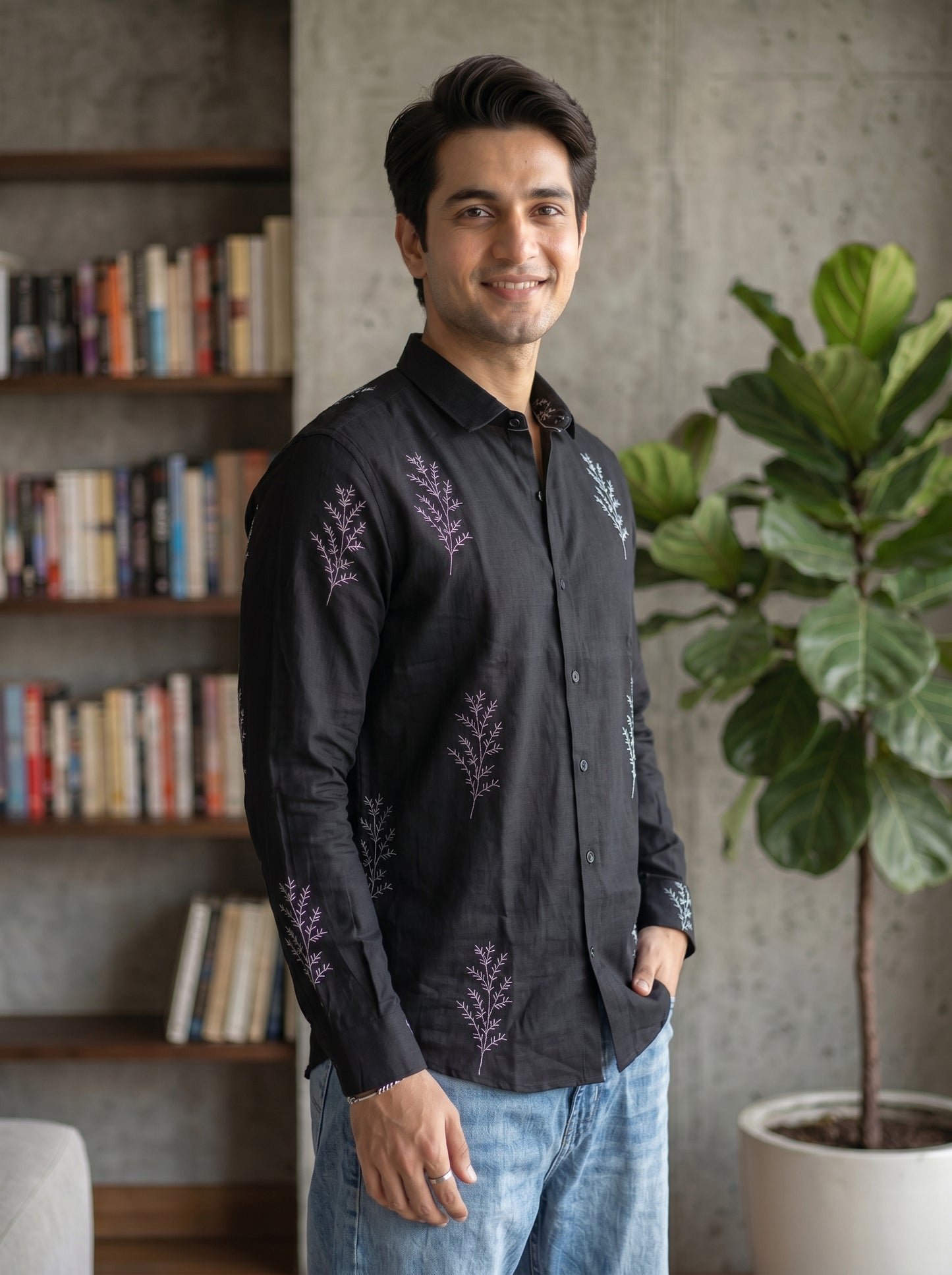 Minimal Fern Print Beige Shirt for Men