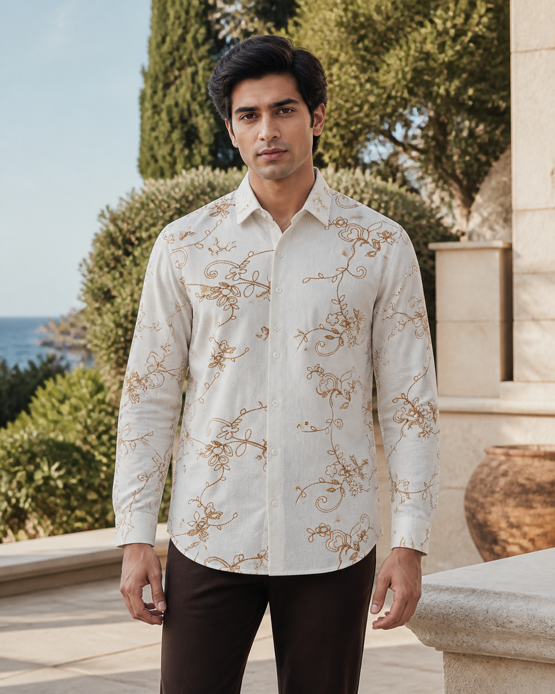 Men's Ivory Floral Embroidered Full-Sleeve Shirt, Ivory White, hero front view
