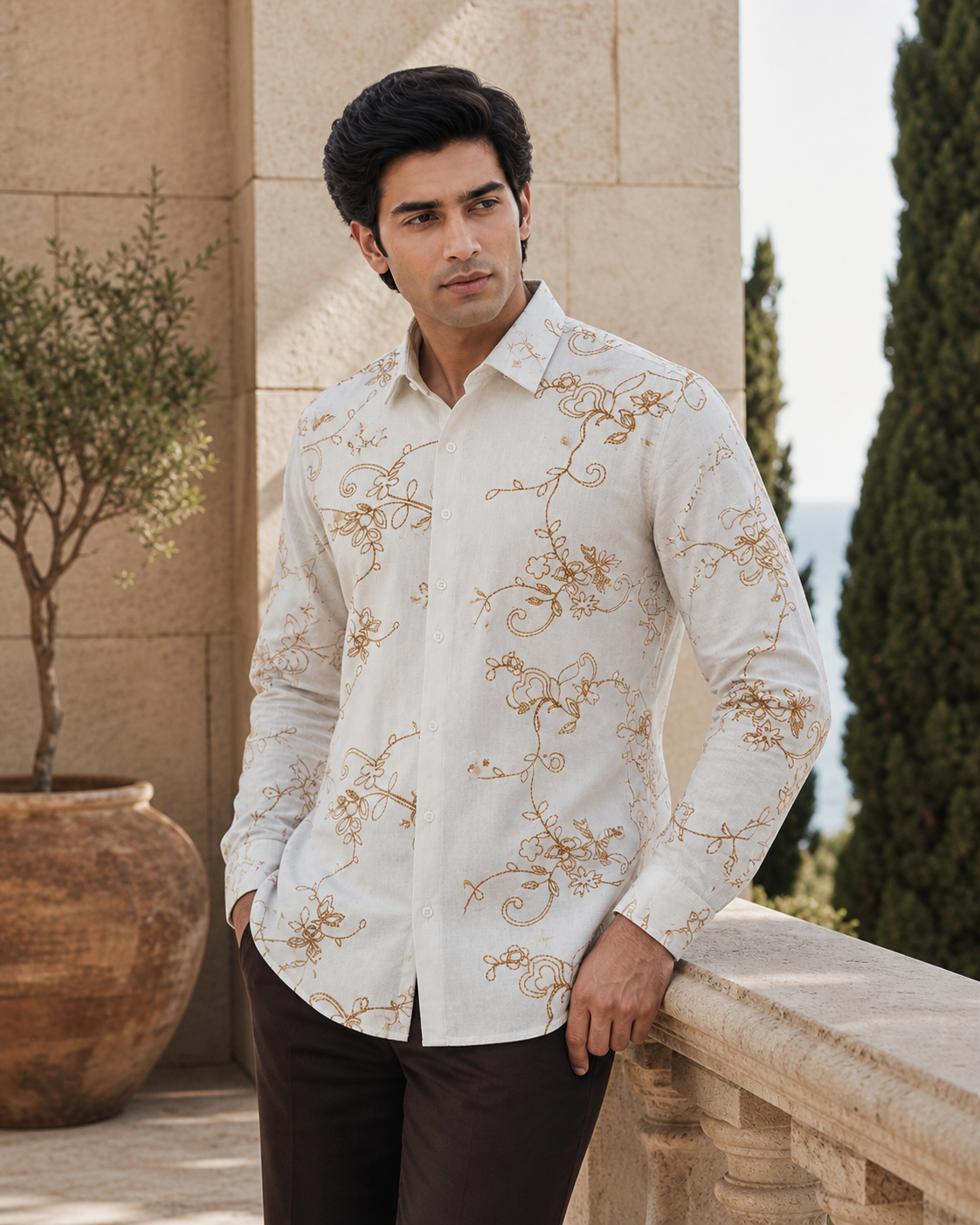 Men's Ivory Floral Embroidered Full-Sleeve Shirt, Ivory White, three-quarter standing view