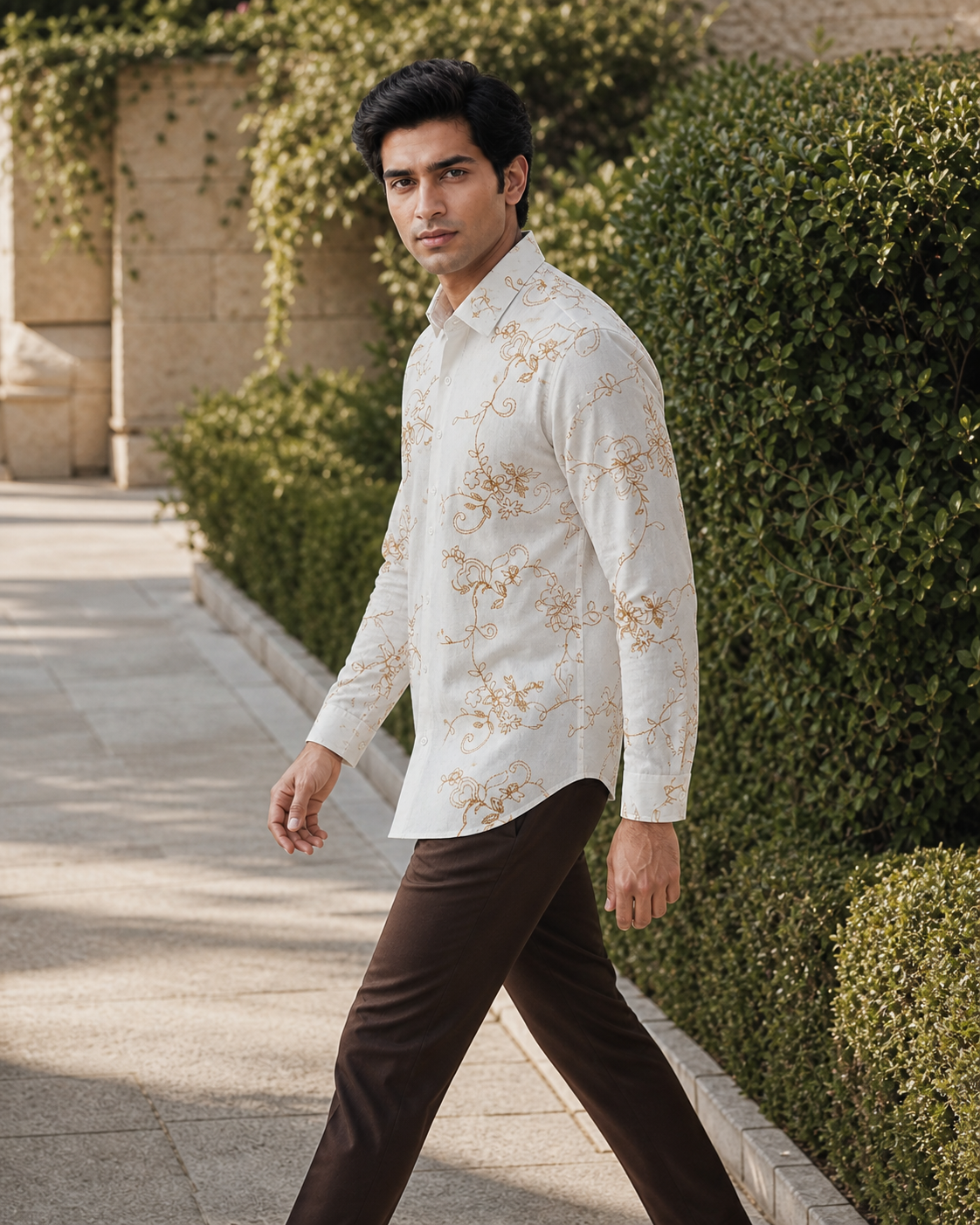 Men's Ivory Floral Embroidered Full-Sleeve Shirt, Ivory White, profile action view