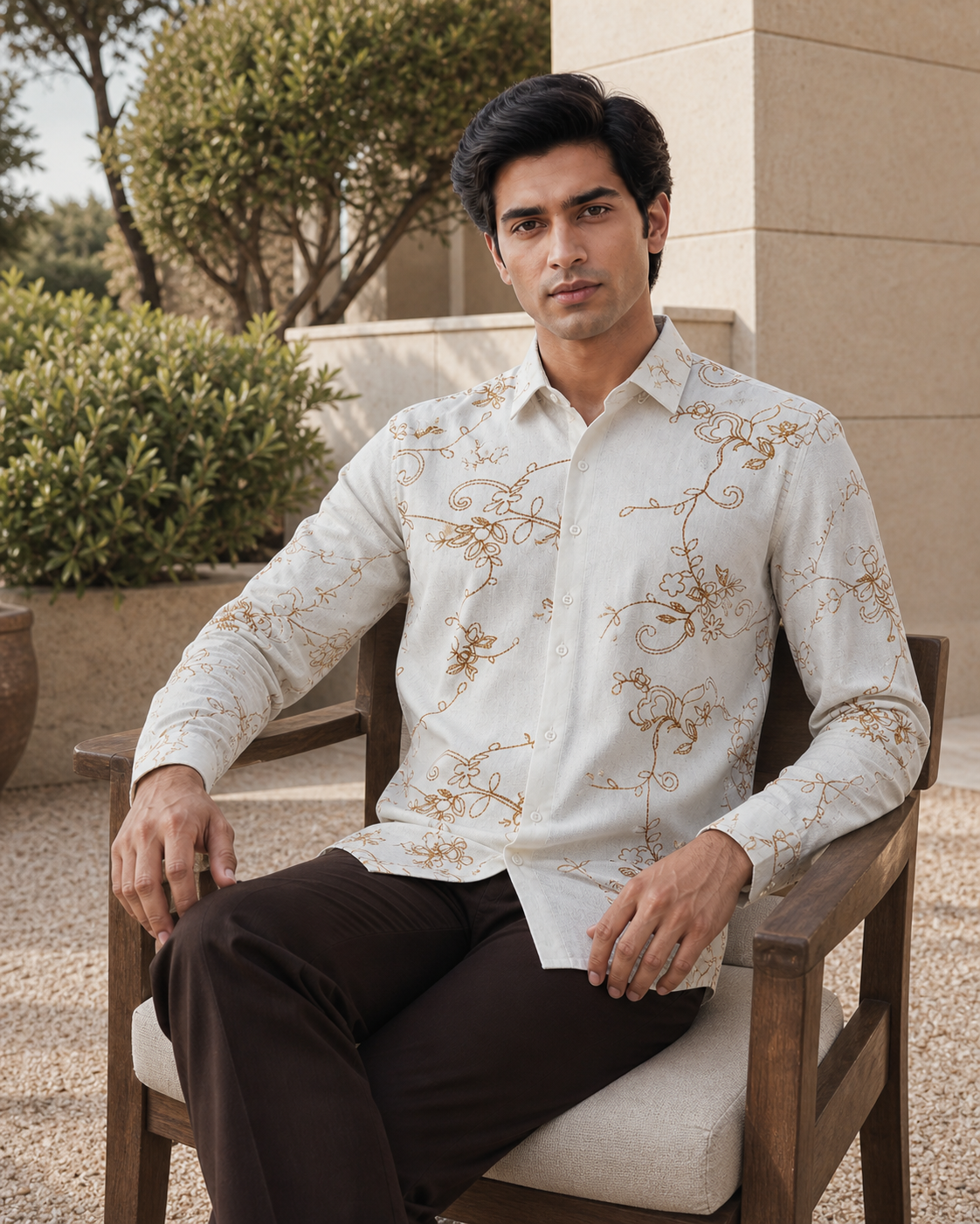 Men's Ivory Floral Embroidered Full-Sleeve Shirt, Ivory White, seated lifestyle view