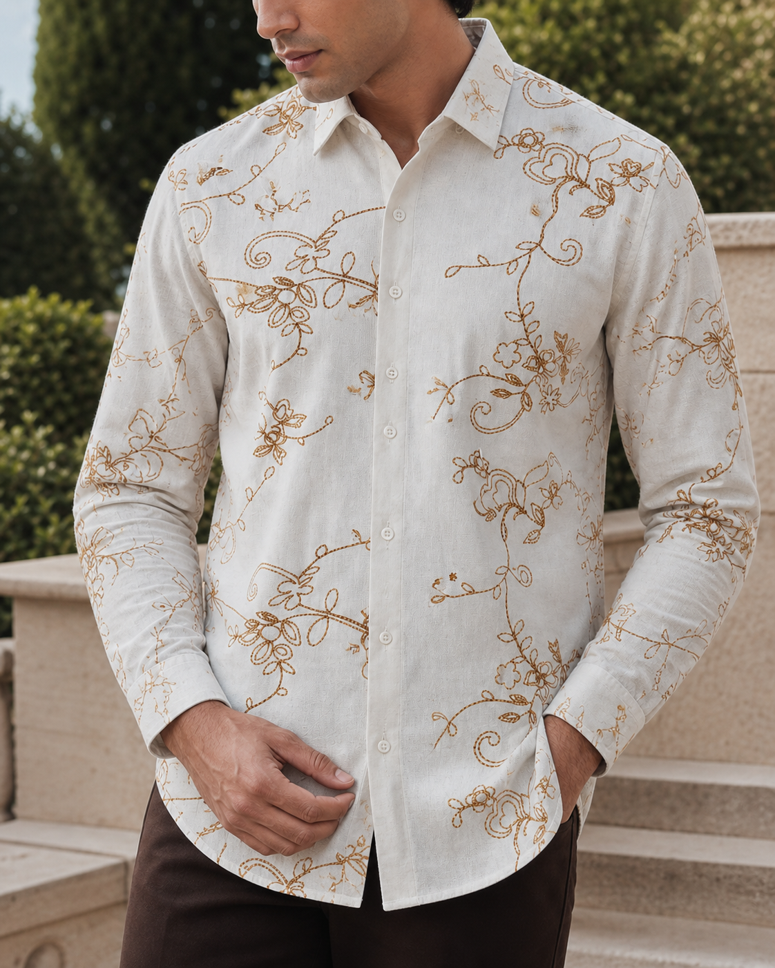 Men's Ivory Floral Embroidered Full-Sleeve Shirt, Ivory White, front close-up view