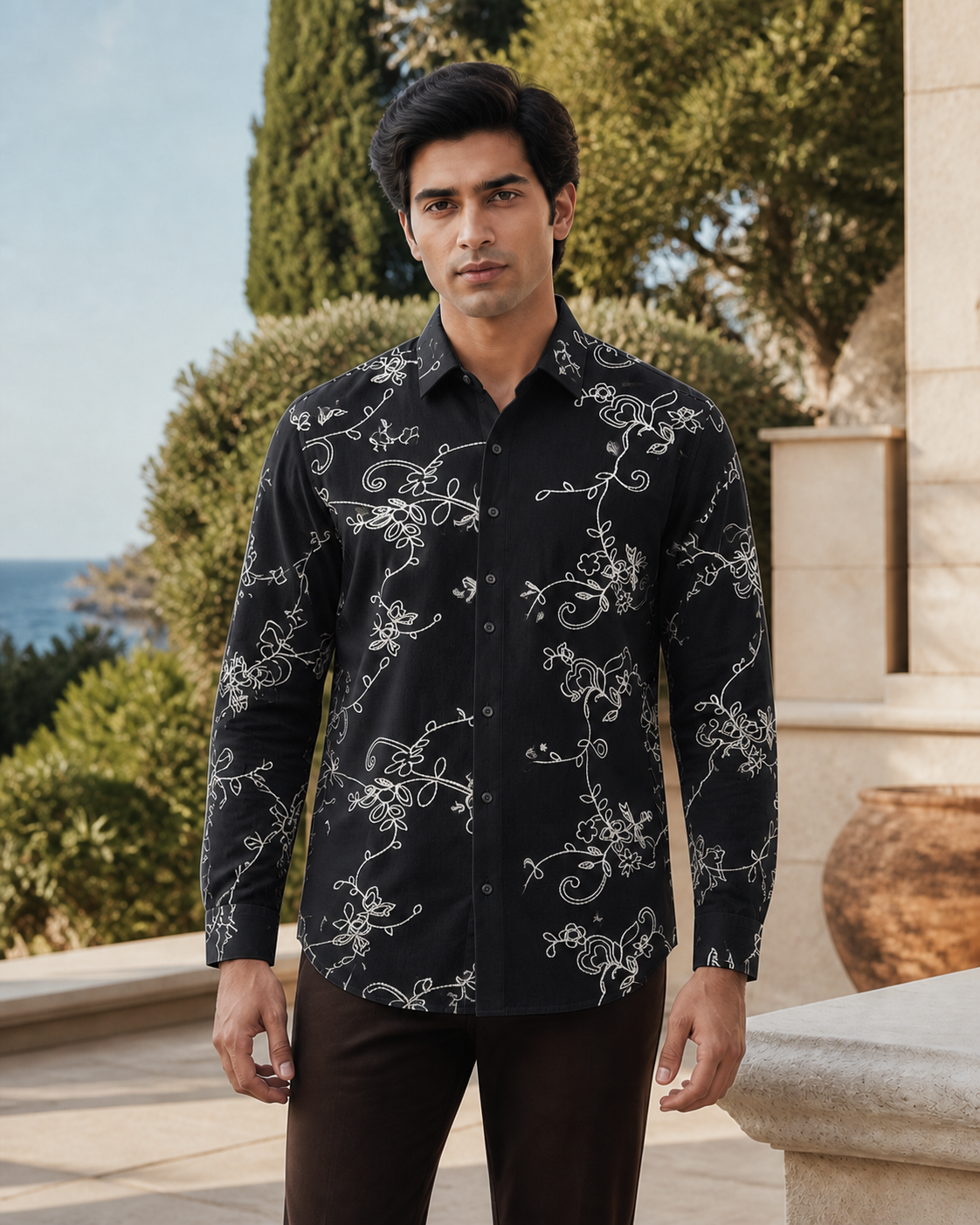 Men's Ivory Floral Embroidered Full-Sleeve Shirt, Black / White Embroidery, hero front view