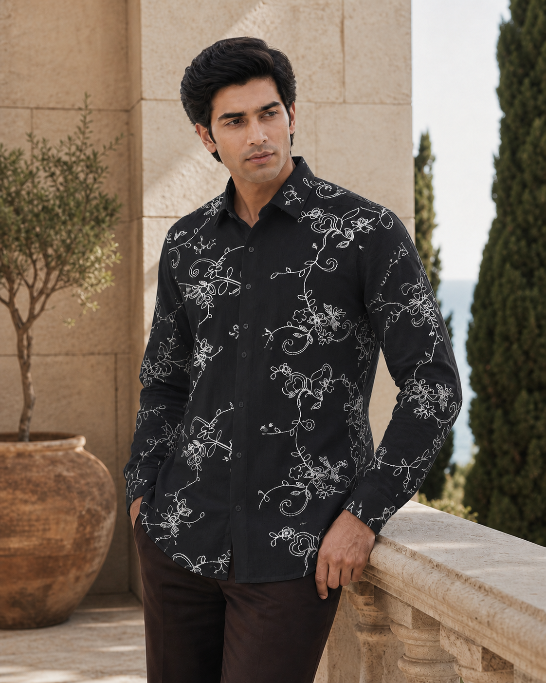 Men's Ivory Floral Embroidered Full-Sleeve Shirt, Black / White Embroidery, three-quarter standing view