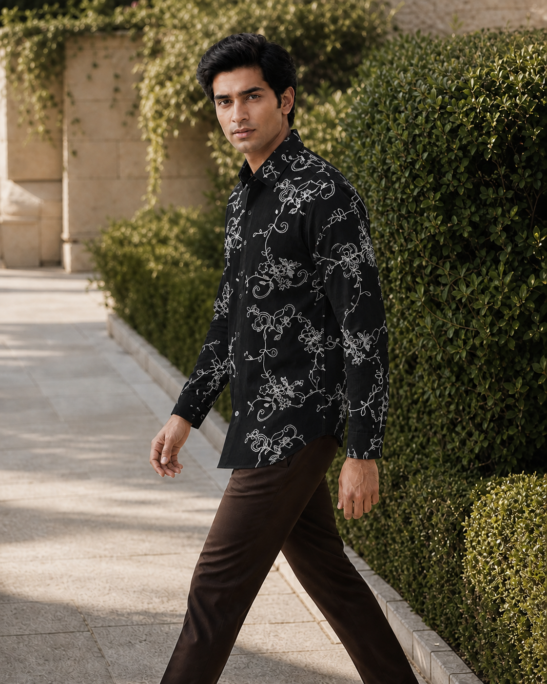 Men's Ivory Floral Embroidered Full-Sleeve Shirt, Black / White Embroidery, profile action view