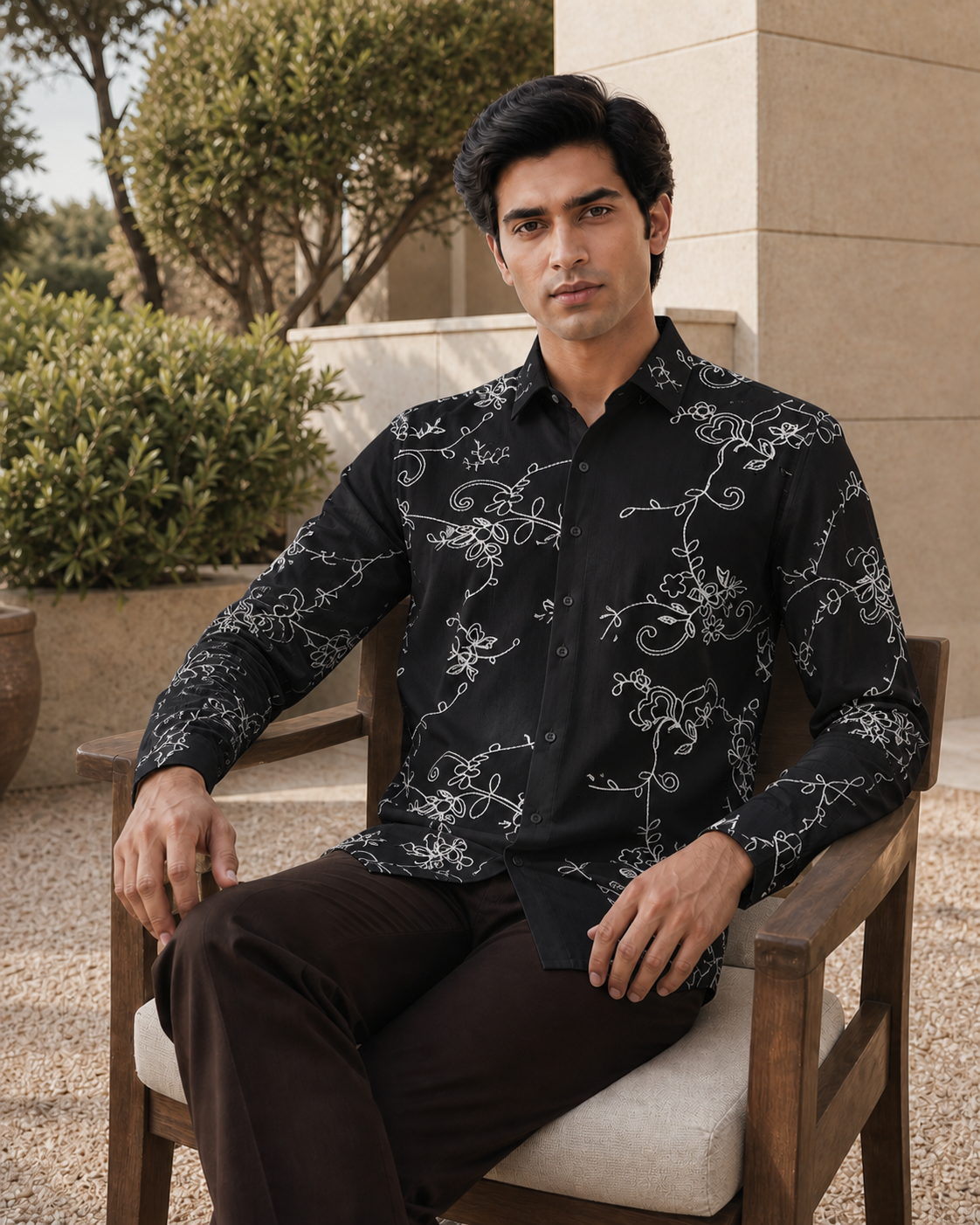 Men's Ivory Floral Embroidered Full-Sleeve Shirt, Black / White Embroidery, seated lifestyle view