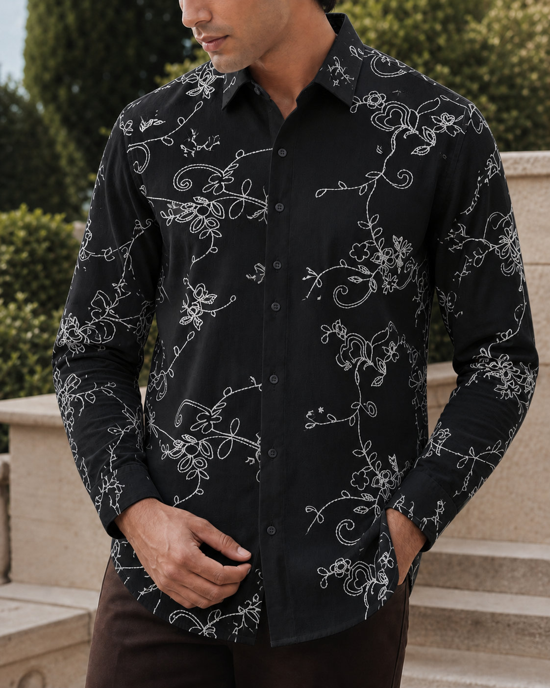 Men's Ivory Floral Embroidered Full-Sleeve Shirt, Black / White Embroidery, front close-up view