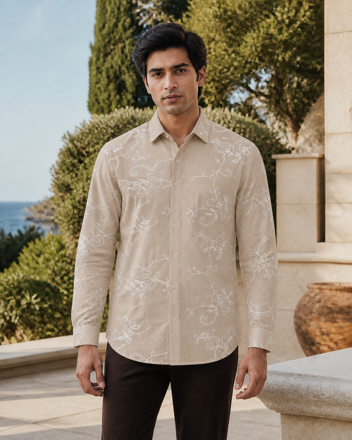 Men's Ivory Floral Embroidered Full-Sleeve Shirt, Sand Beige / White Embroidery, hero front view