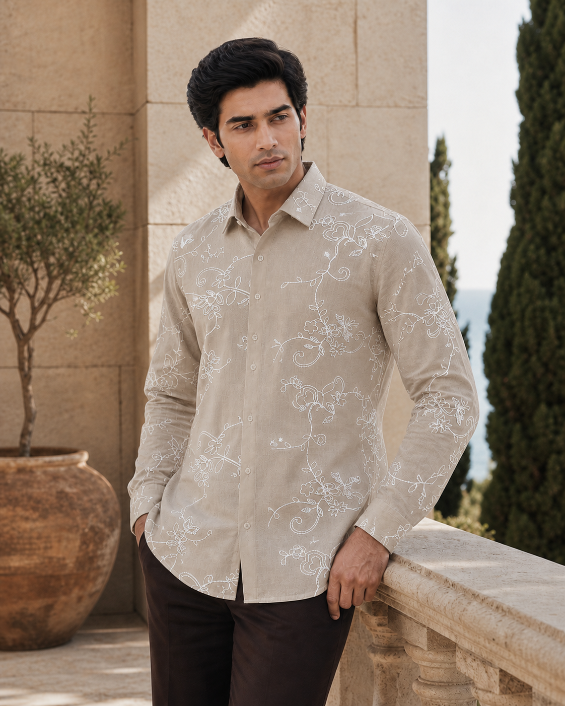 Men's Ivory Floral Embroidered Full-Sleeve Shirt, Sand Beige / White Embroidery, three-quarter standing view