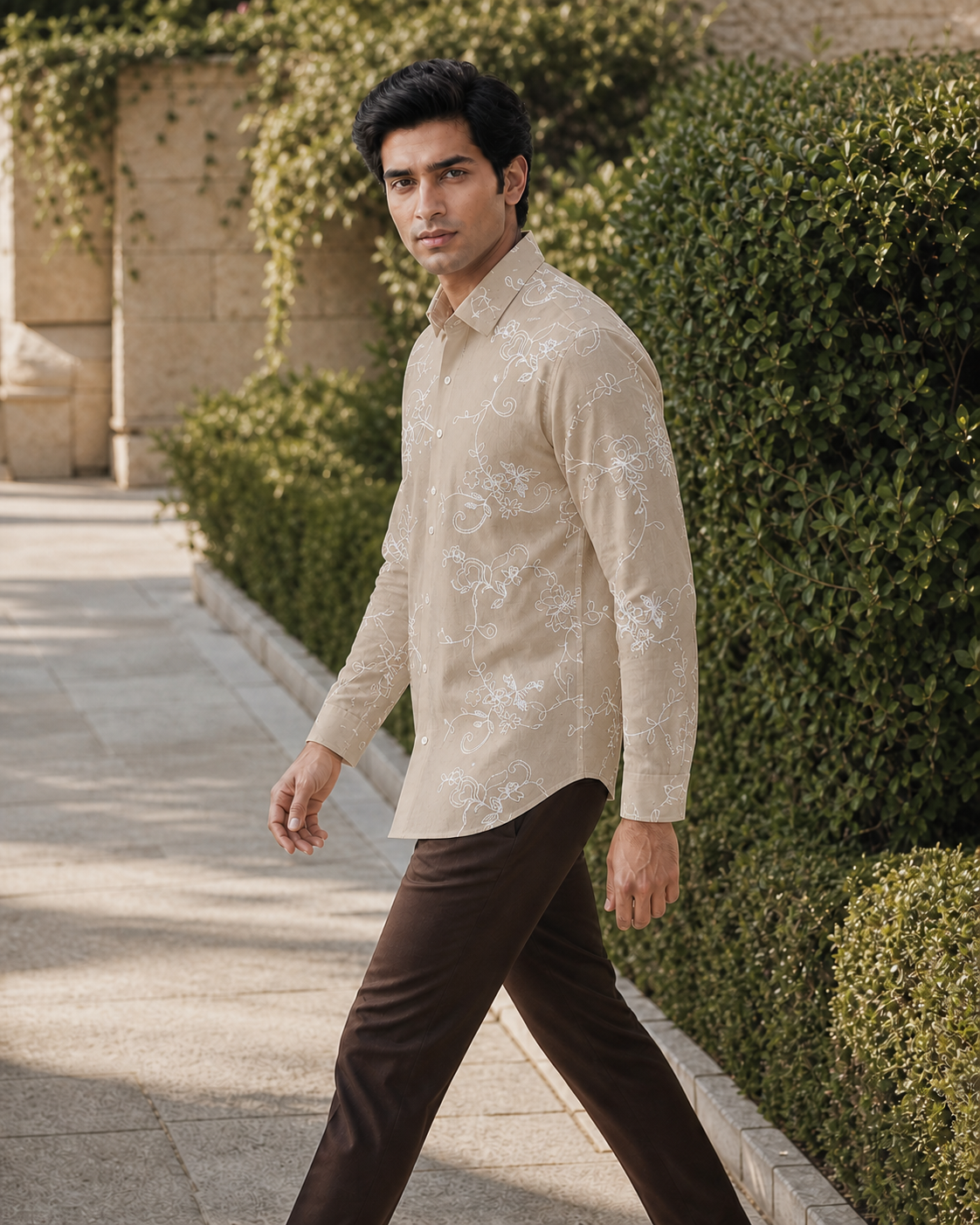 Men's Ivory Floral Embroidered Full-Sleeve Shirt, Sand Beige / White Embroidery, profile action view