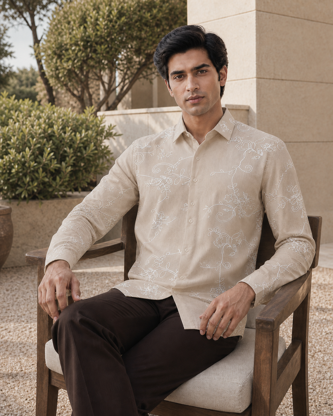 Men's Ivory Floral Embroidered Full-Sleeve Shirt, Sand Beige / White Embroidery, seated lifestyle view