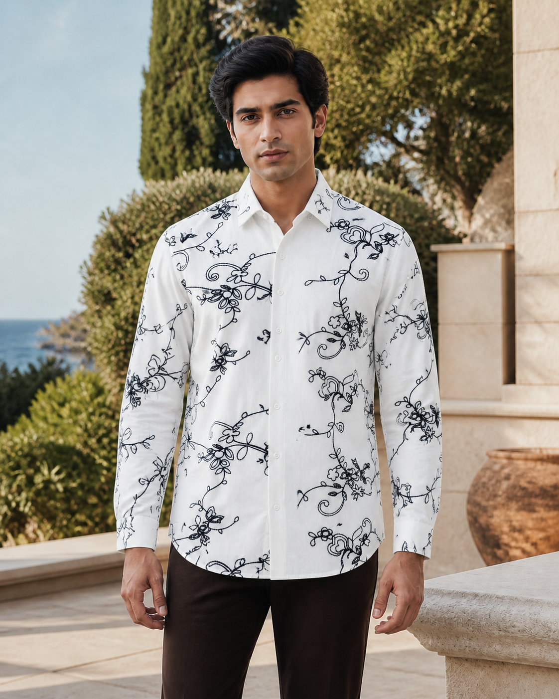 Men's Ivory Floral Embroidered Full-Sleeve Shirt, White / Dark Embroidery, hero front view
