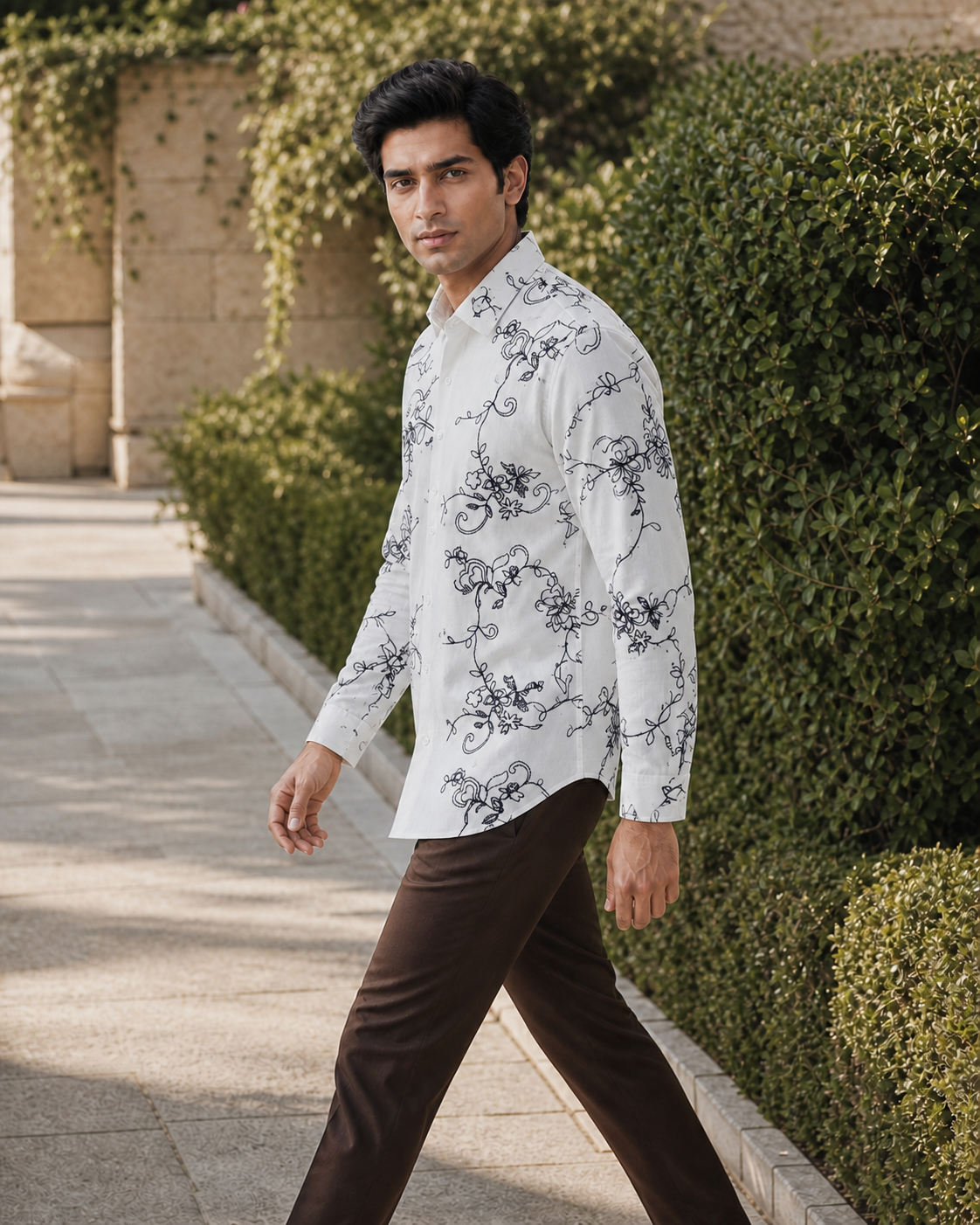 Men's Ivory Floral Embroidered Full-Sleeve Shirt, White / Dark Embroidery, profile action view