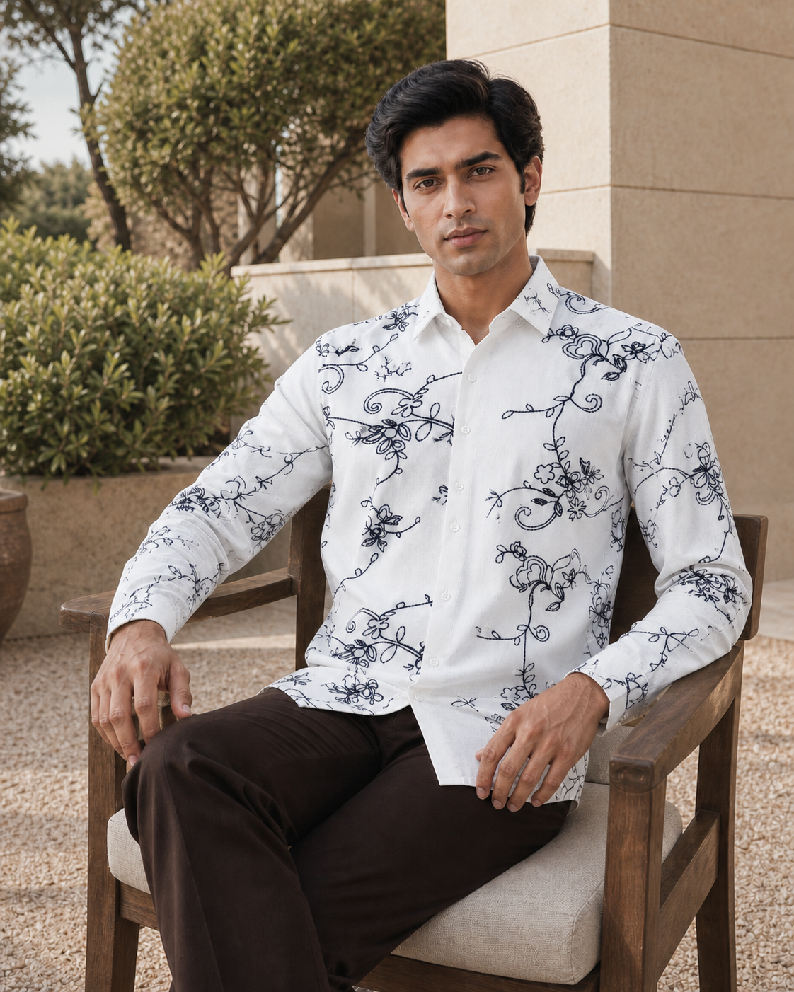 Men's Ivory Floral Embroidered Full-Sleeve Shirt, White / Dark Embroidery, seated lifestyle view